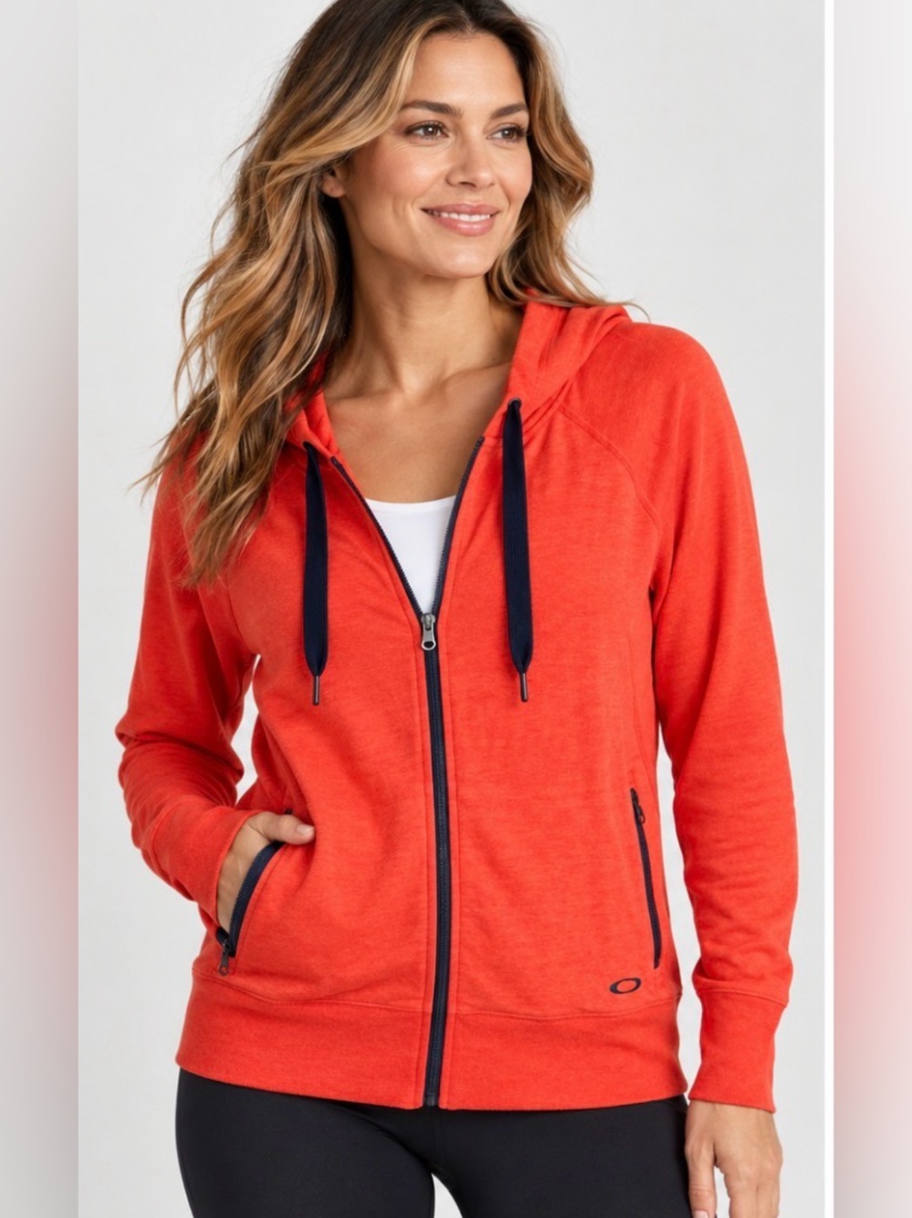 Oakley Orange Drawstring Hoodie Zip Front Navy Zippers Sz XL Gorpcore
